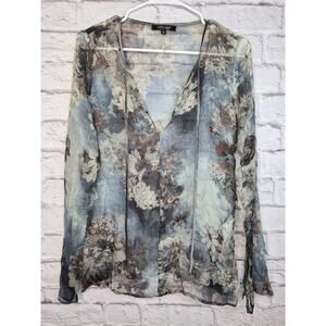NWT Karen Kane 100% Silk Misty Tunic Blouse M Sheer Floral Grey Blue V-Neck Boho